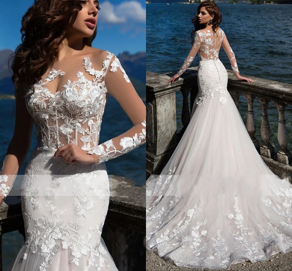 Lace Charming Wedding Dresses Mermaid Sheer Neck Long Sleeves Buttons Back Tulle Bridal Gowns Vestidos De Noiva