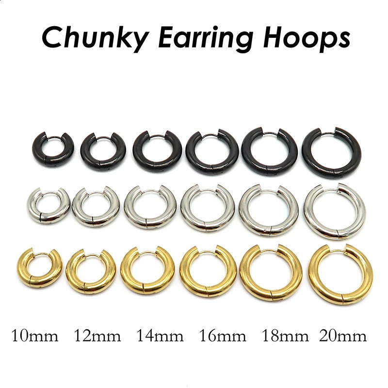 20 Pieces x Chunky Earring Hoops 5mm Thick Stainless Steel Hoop Earring Gold Color Black Huggie Earrings For Women or Men 241203