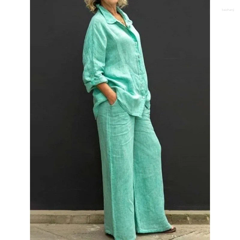 Womens Two Piece Pants 2pcs Women Clothes Set Solid Color Cotton Linen Loose Long Sleeve Shirt W