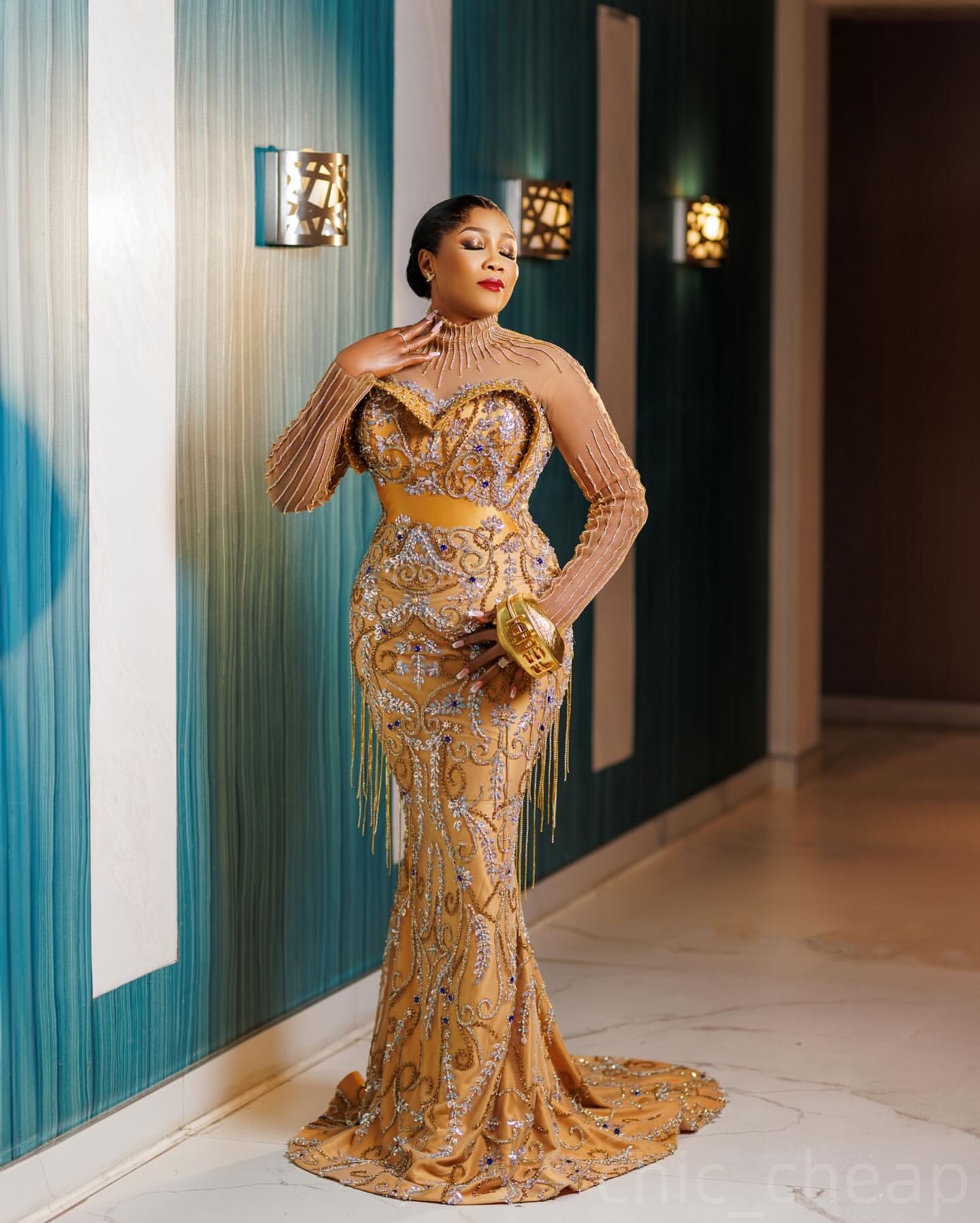 Gold Illusion Mermaid Prom Dresses 2024 Rhinestones Tassels Lace Evening Formal Party Second Birthday Engagement Gowns Plus Size Dress For Special Occ