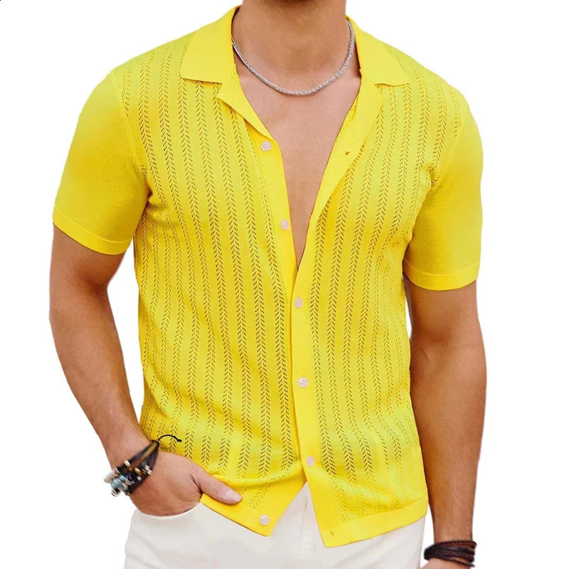 Mens summer short sleeved polo shirt knitted striped solid color breathable cardigan mens streetwear casual polo shirt 241203