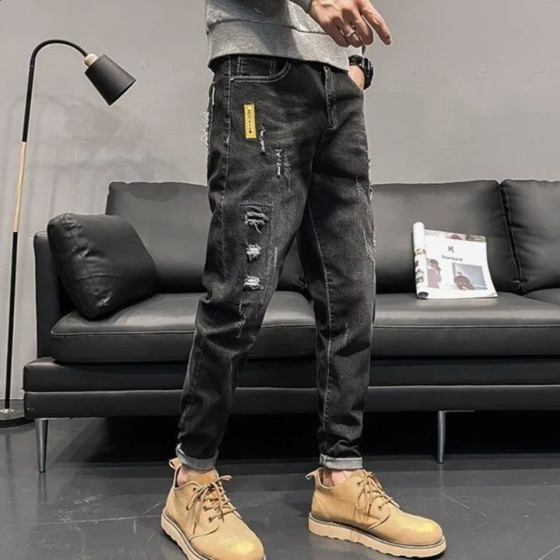 Mens Jeans Cargo with Openings Black Tear Mens Jeans Cone Break Korean Trouser Cotton Soft Trend Xs 241203