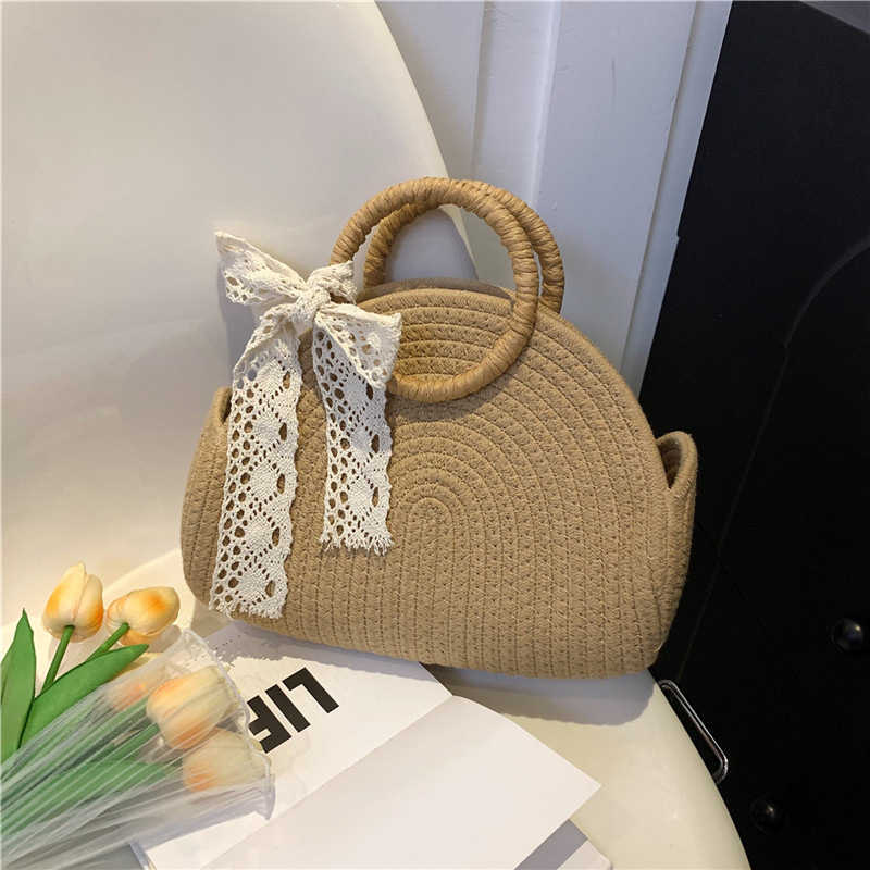 Summer small grass woven bag women's new tidal cotton woven bag beach bag large capacity one shoulder basket bag