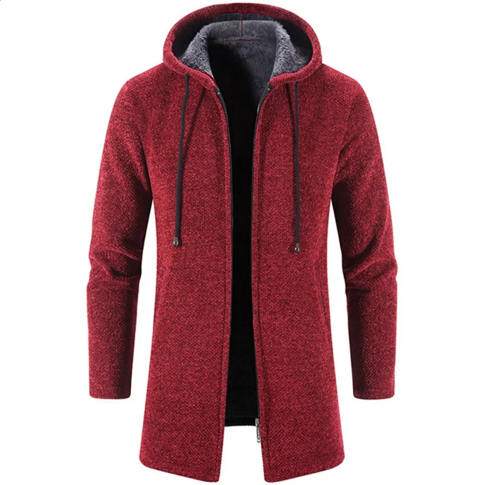Autumn and winter mens zipper hooded cardigan sweater jacket warm medium length cardigan casual solid color knitted sweater 241203