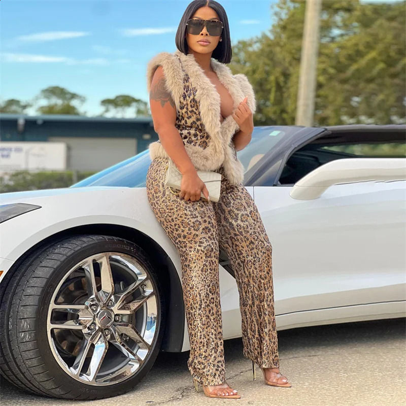 Leopard Sparkle 2-piece Womens Feather Fur Sleeveless Leopard Tank Top and Casual Straight Pants Set 241203