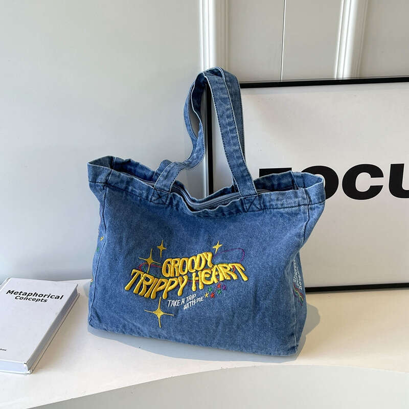Lazy Style Large Capacity Canvas Women's Washed Denim Cloth Tote Bag For Students Commuting To School Backpack