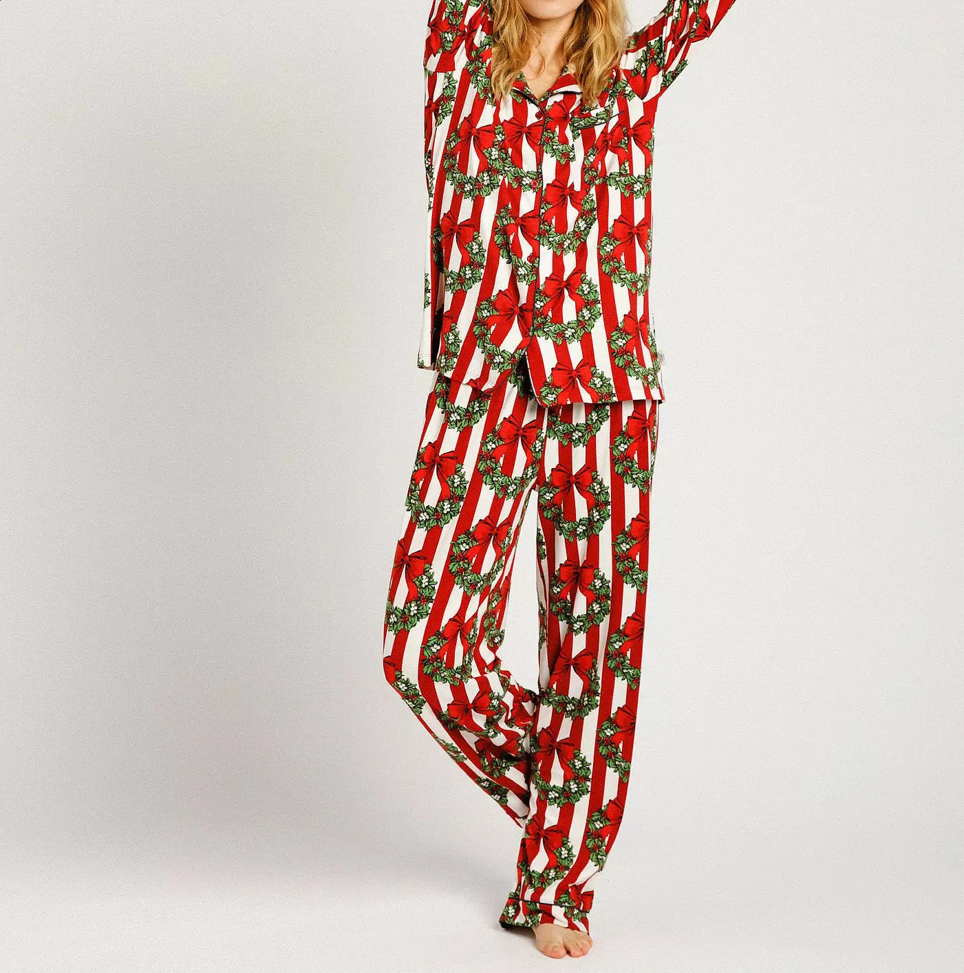 Hirigin Womens 2-piece Christmas Pajama Set Long Sleeve Striped Printed Button TopPants Set Casual Wear 241203