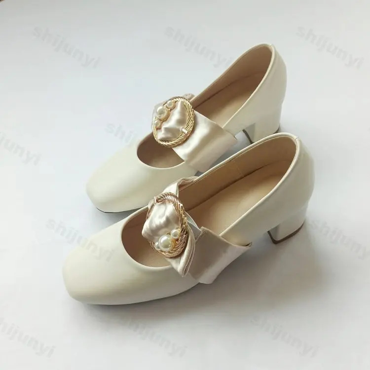 Fashion Buckle Bead Square Toe Mary Jane Shoes for Women Plush High Heels Shoes 2025 Winter Cotton Shoes Woman Chunky Pump 241204