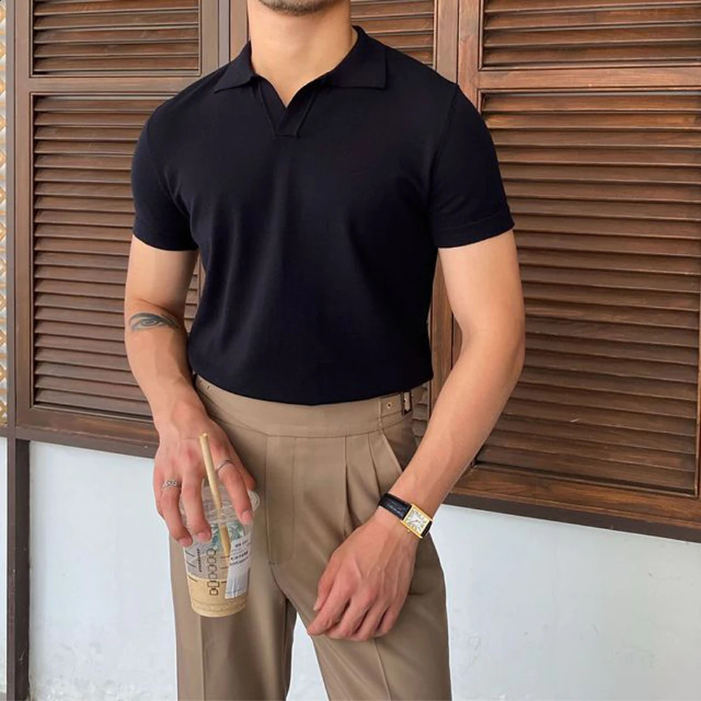 Spring and summer knitted polo shirt mens casual lapel button fashion striped pure cotton top latest silk cotton knitted 241203