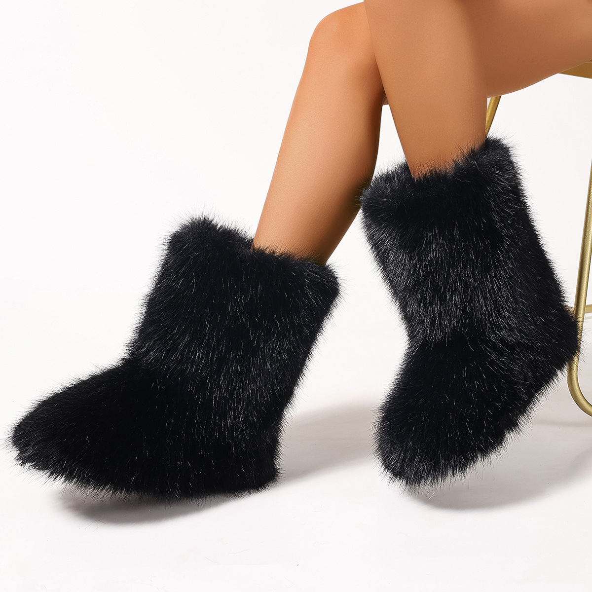 2024 new European and American cross-border spice girl hairy women's winter warm fashion mid-calf large size platform snow boots