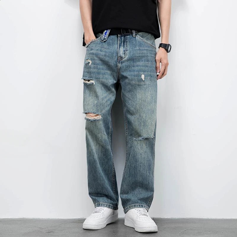 Mens jeans with broken straight Trojan horse holes loose and torn wide legs mens jeans pockets South Korean autumn Xs 241203