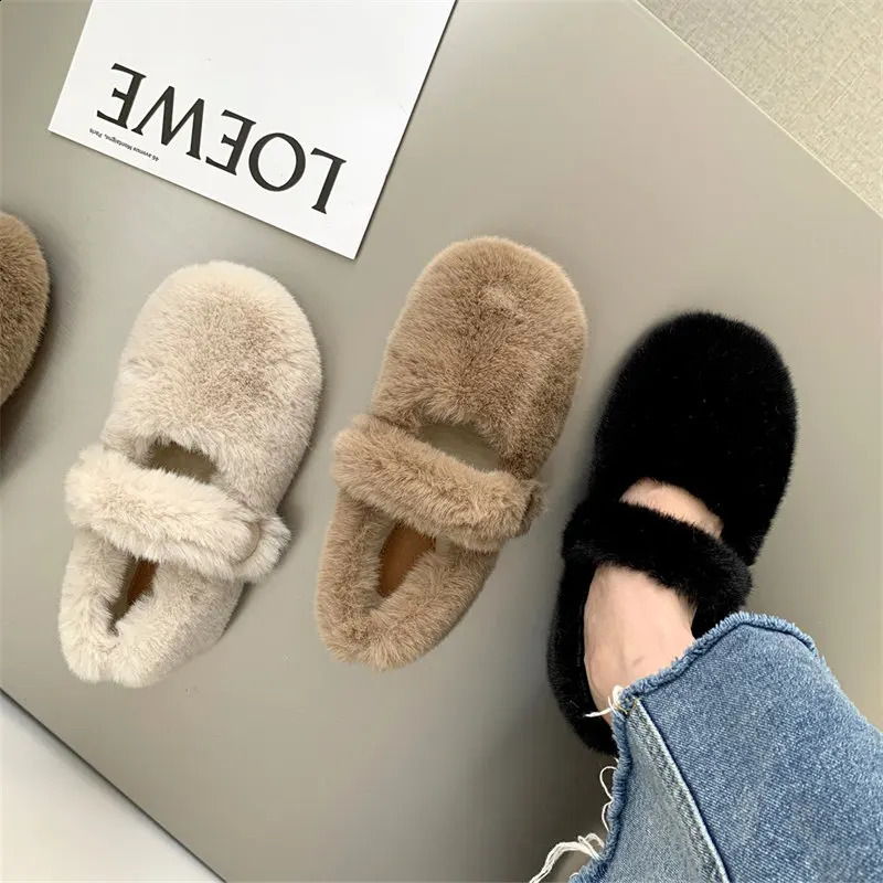Fluffy Cotton Mary Jane shoes Womens 2024 Winter Grandma Shoes Female Soft Shallow Mouth Flats Round Toe warm Fur Loafers 241204