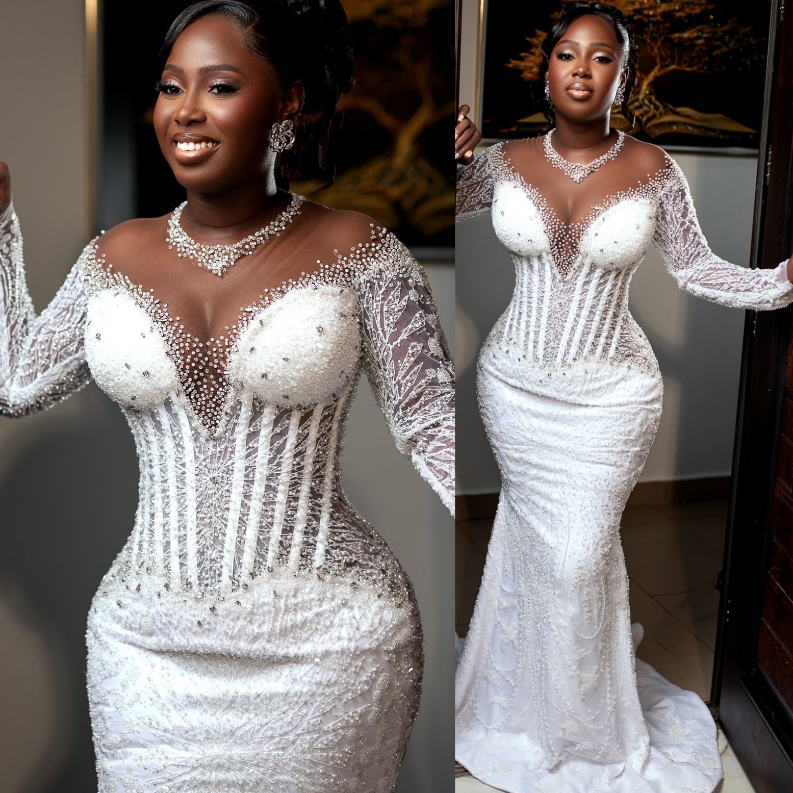 2025 Arabic Aso Ebi Plus Size White Mermaid Wedding Dresses Full Sleeves Sequined Lace Rhinestones Vintage Elegant Bridal Gowns Dress For Brides