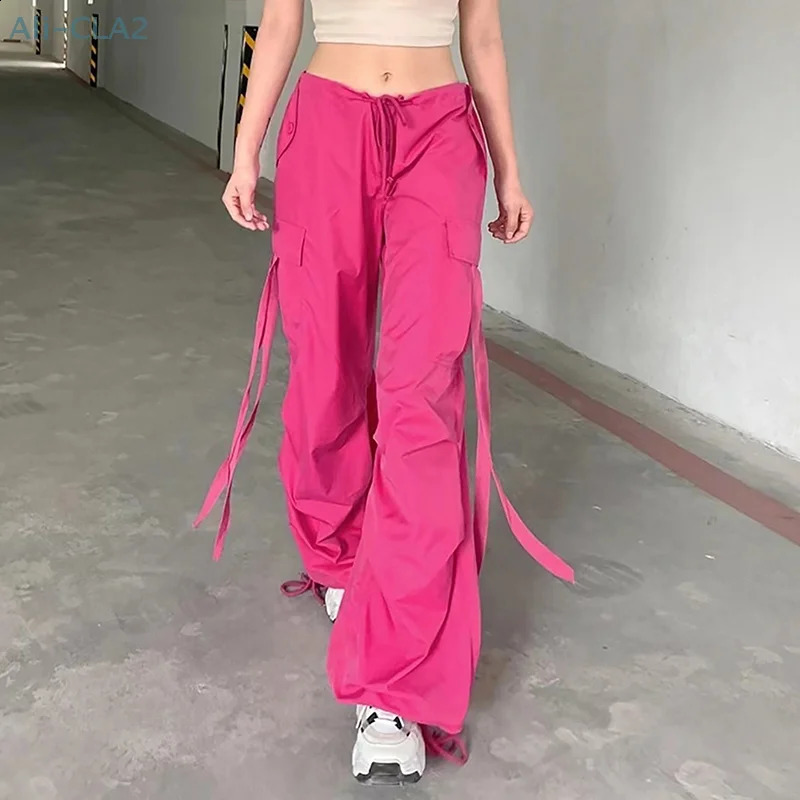 Retro pocket cargo pants brushed high waisted streetwear Harajuku bag wide leg Trouser womens Y2k Korean fashion bottom 241203