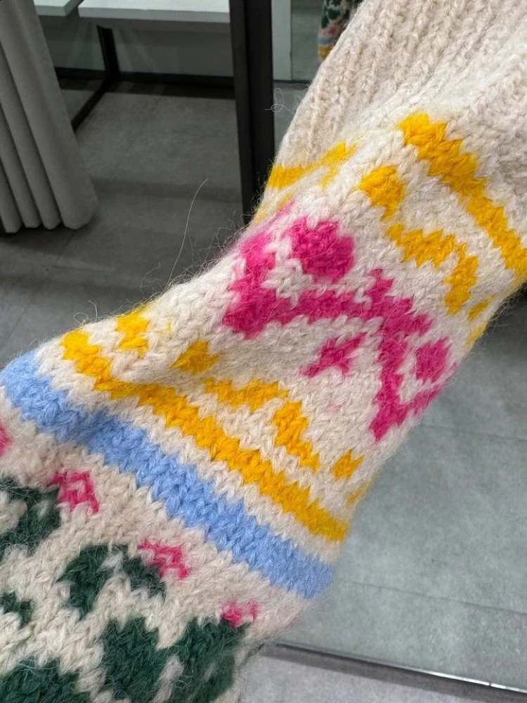 Women Oversize Jacquard Knit Sweater Oneck Long Sleeves Multicolor Elastic Hem Christmas Pullover Fall Winter Chic 241203