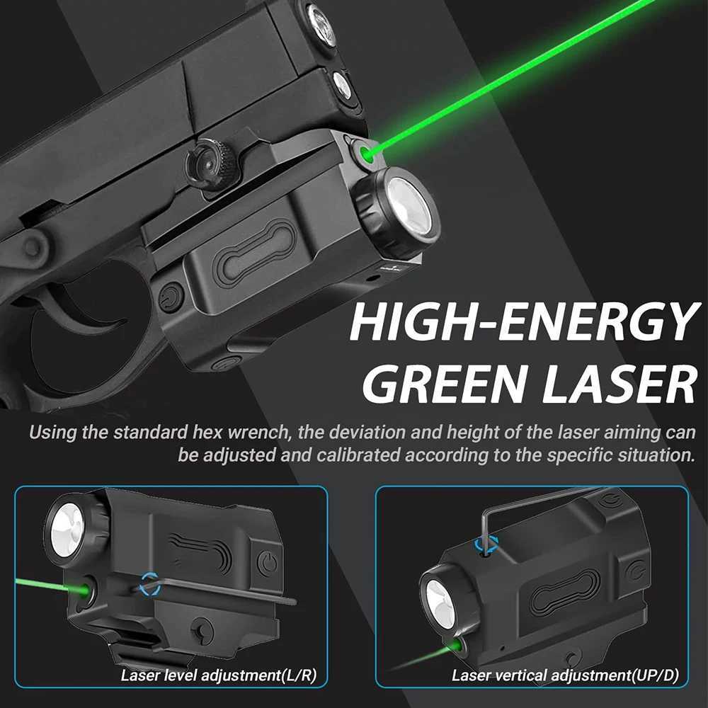 800 Lumens Pistol Flashlight Laser Combo USB Rechargeable Weapon Gun Light with Red/Green Laser Beam Compact 20mm Rail LED TorchW241227