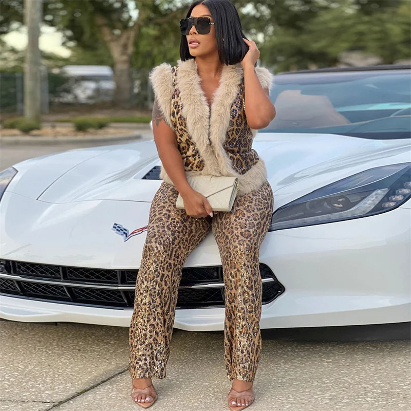 Leopard Sparkle 2-piece Womens Feather Fur Sleeveless Leopard Tank Top and Casual Straight Pants Set 241203