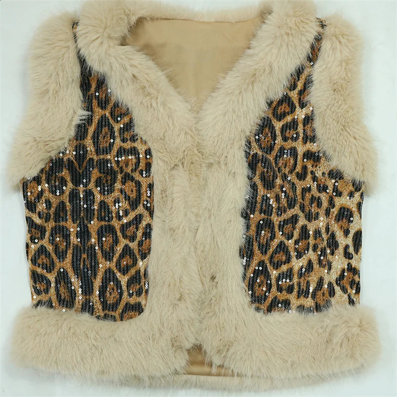 Leopard Sparkle 2-piece Womens Feather Fur Sleeveless Leopard Tank Top and Casual Straight Pants Set 241203