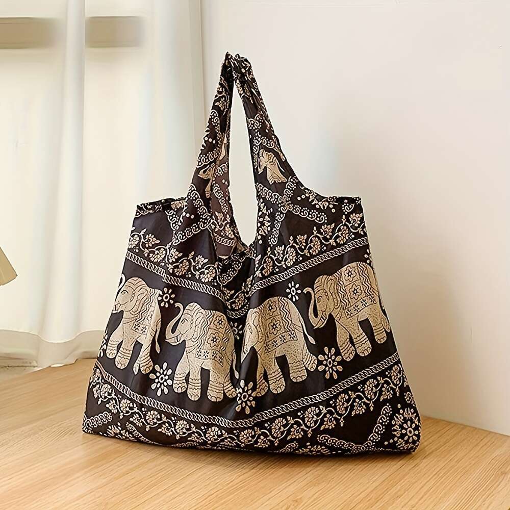 Elephant pattern shopping foldable shoulder bag, women's large capacity tote bag