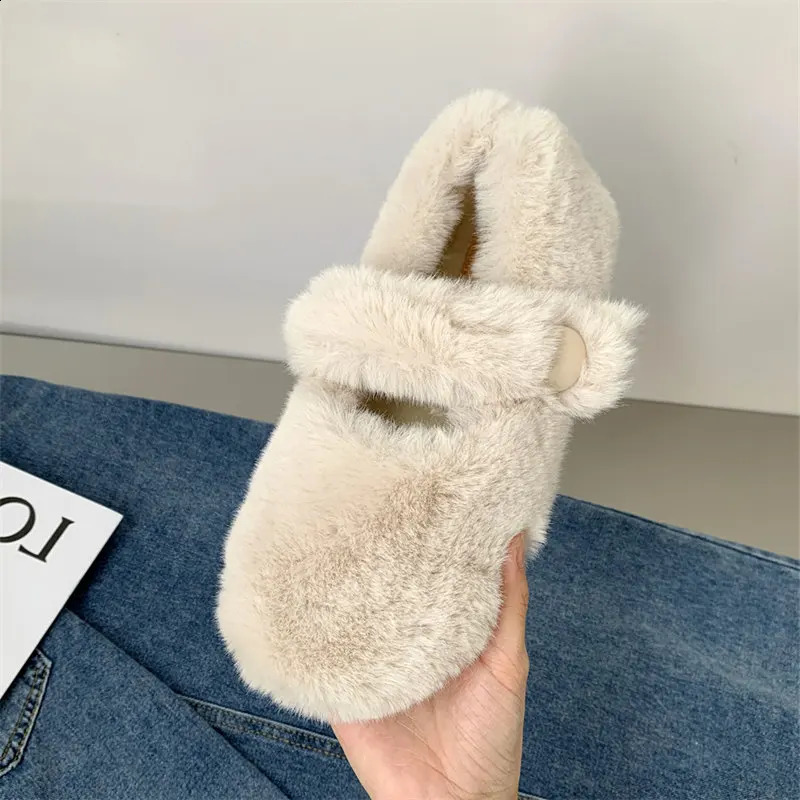 Fluffy Cotton Mary Jane shoes Womens 2024 Winter Grandma Shoes Female Soft Shallow Mouth Flats Round Toe warm Fur Loafers 241204