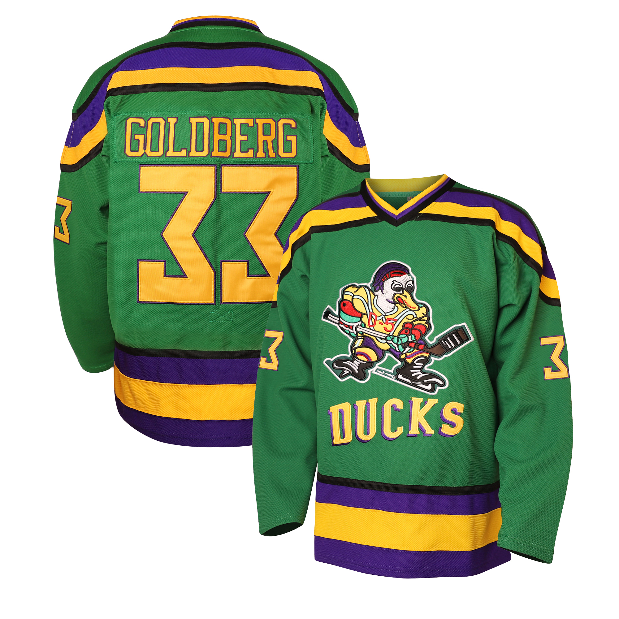 Men Youth Mighty Ducks Movie HOCKEY Jerseys 96 Charlie Conway 99 Adam Banks 33 Greg Goldberg Black Green Kids Embroidered Letter Number Design Polyest