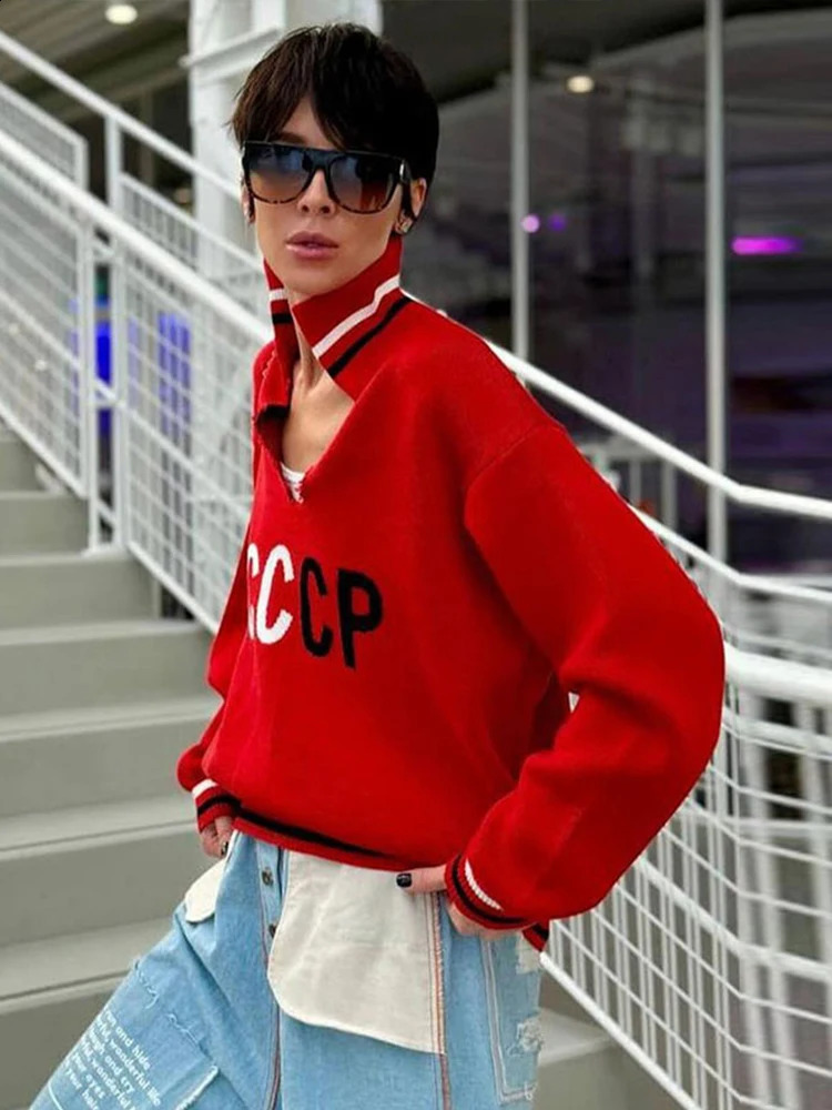 Knitted Vneck Womens Sweater Letter Striped turtleneck Pullover Casual Loose Long Sleeve Hoodies Street Vintage Women Sweaters 241203