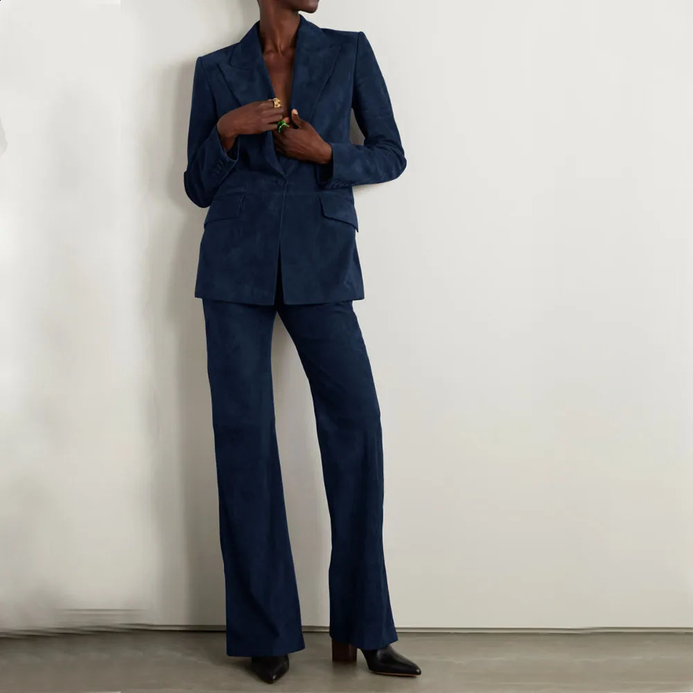 Womens Suede Suit Elegant Womens Sets Set Woman 2 Pieces 1 Button Jacket Pants Office Outfits Blazer Suits Clothing 241203