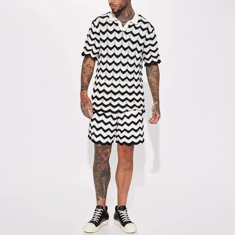 Summer Mens Knitted Fashion Printed Shirt and Shorts Two Piece Set for Sports and Leisure Mens Wear 241203