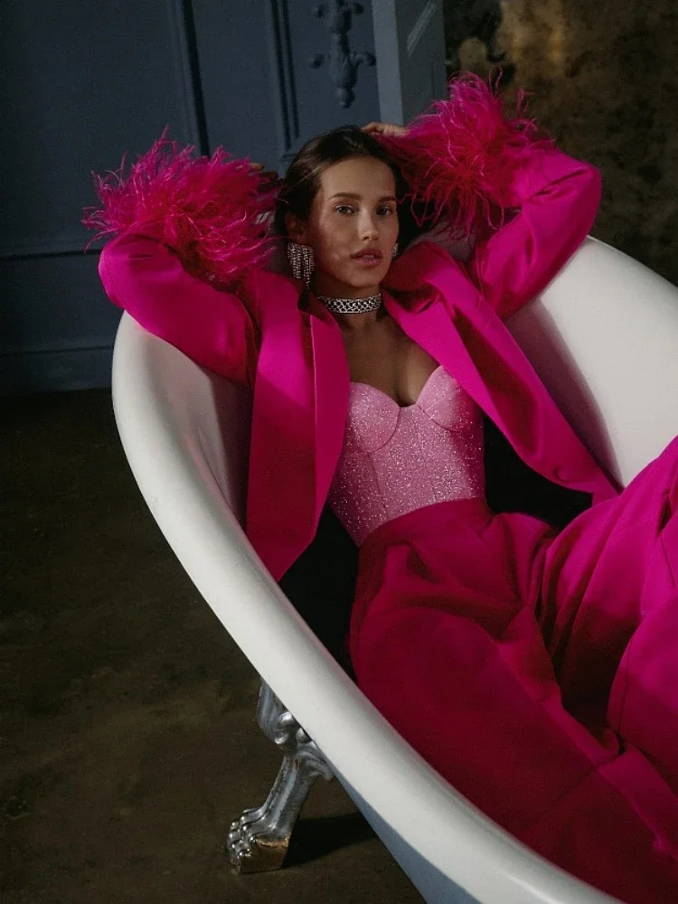 Sexy Feathers Blazer PantSuit Women Black Rose Red Feather Long Sleeve Blazer JacketHihg Waist Pants Two Piece Sets Party Suits 241203