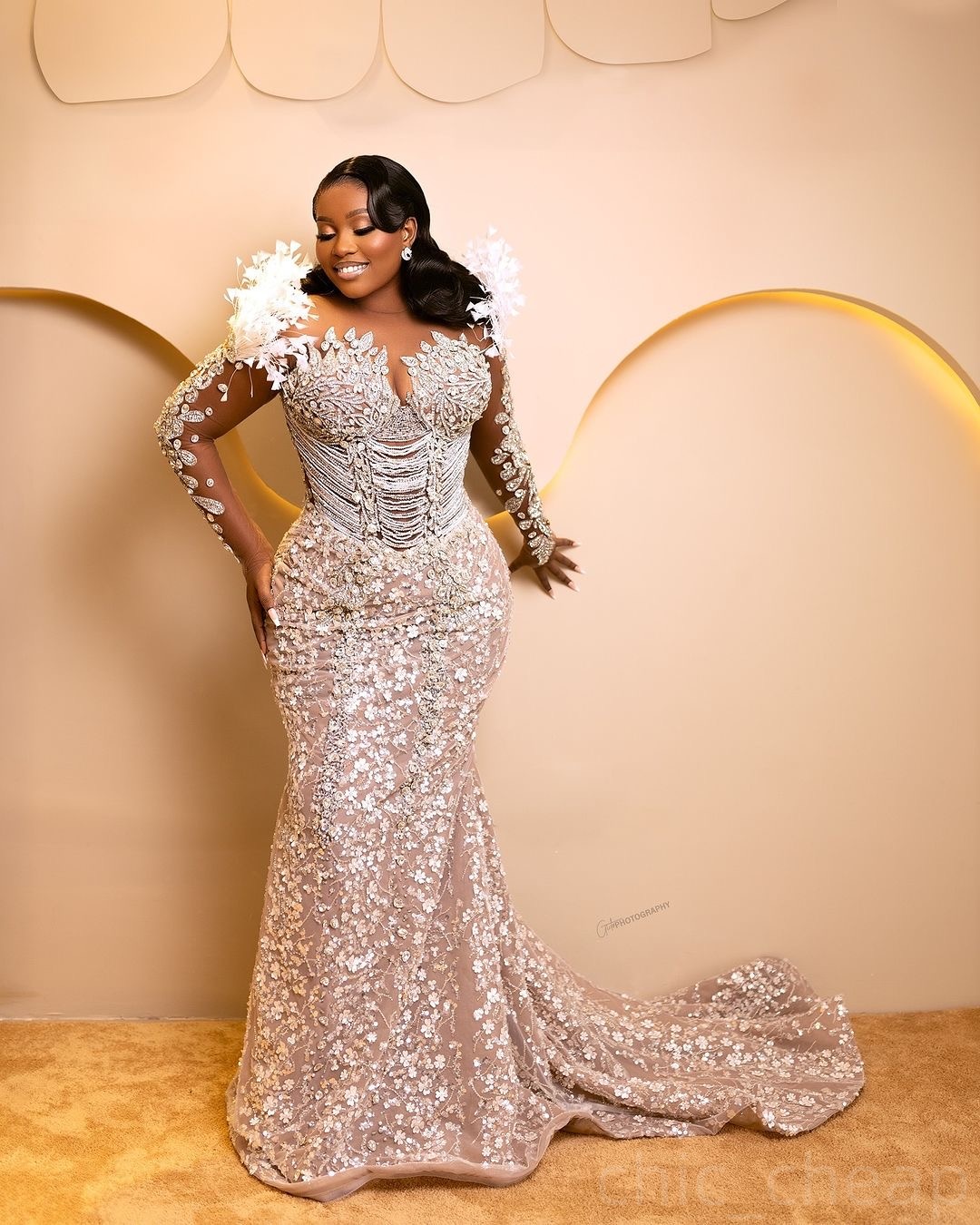 2025 Arabic Aso Ebi Plus Size Illusion Ivory Mermaid Wedding Dresses Floral Lace Rhinestones Feather Full Sleeves Bridal Gowns Dress For Bride