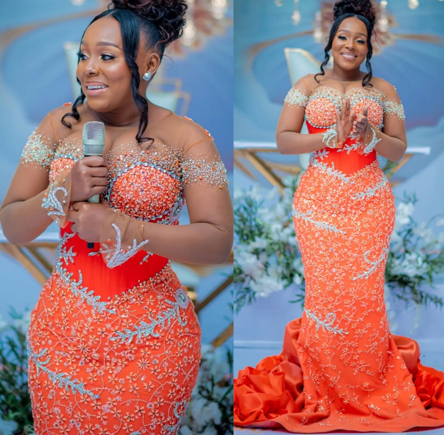 Orange Mermaid Prom Dresses 2024 Beaded Sheer Neck Sequined Lace Evening Formal Party Second Birthday Engagement Gowns Plus Size Dress For Special Occ