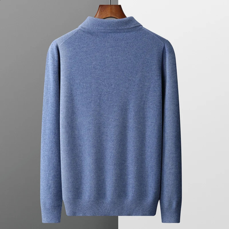 100% Merino wool mens lapel long sleeved polo neck sweater loose top casual knit bottom sweater 241203