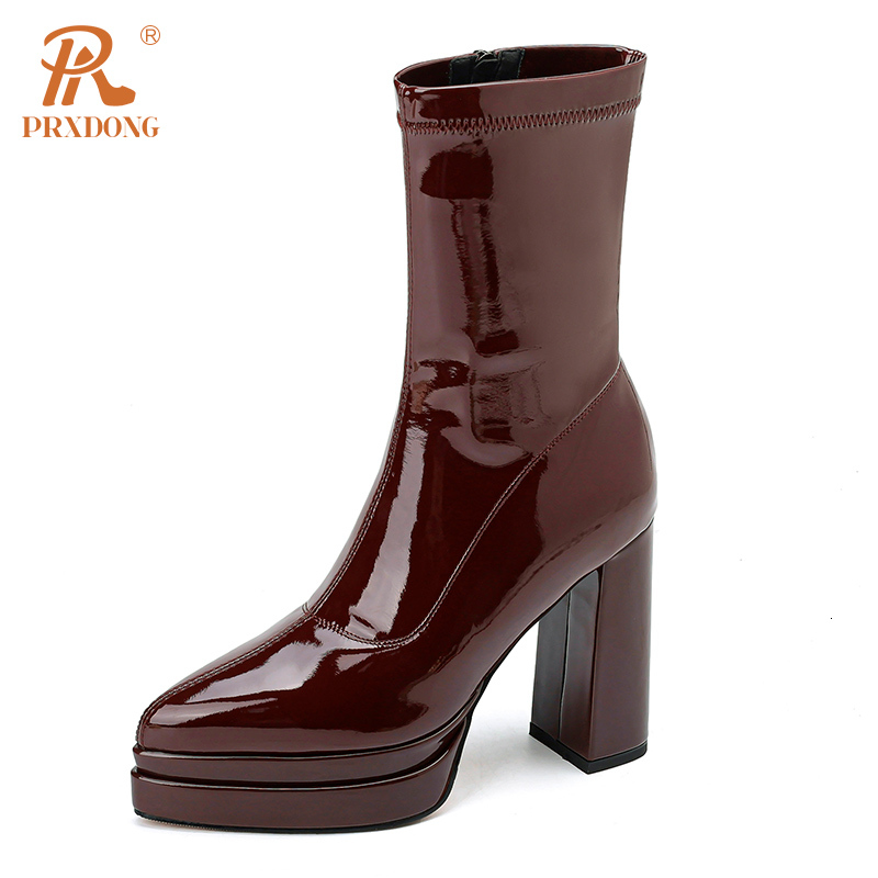 PRXDONG Women's Stretch New 2023 Autumn Winter Warm Ankle Boots Square High Heels Platform Black Wine Red Dress Work Shoes