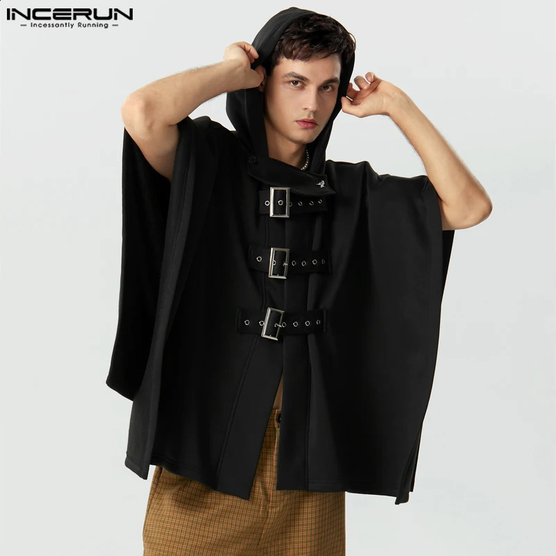 Mens Cloak Coat Solid Color Hooded Button Irregular Trench Raincoat Street Loose Fashion Casual Mens Cape Town S-5XL INCERUN 241203