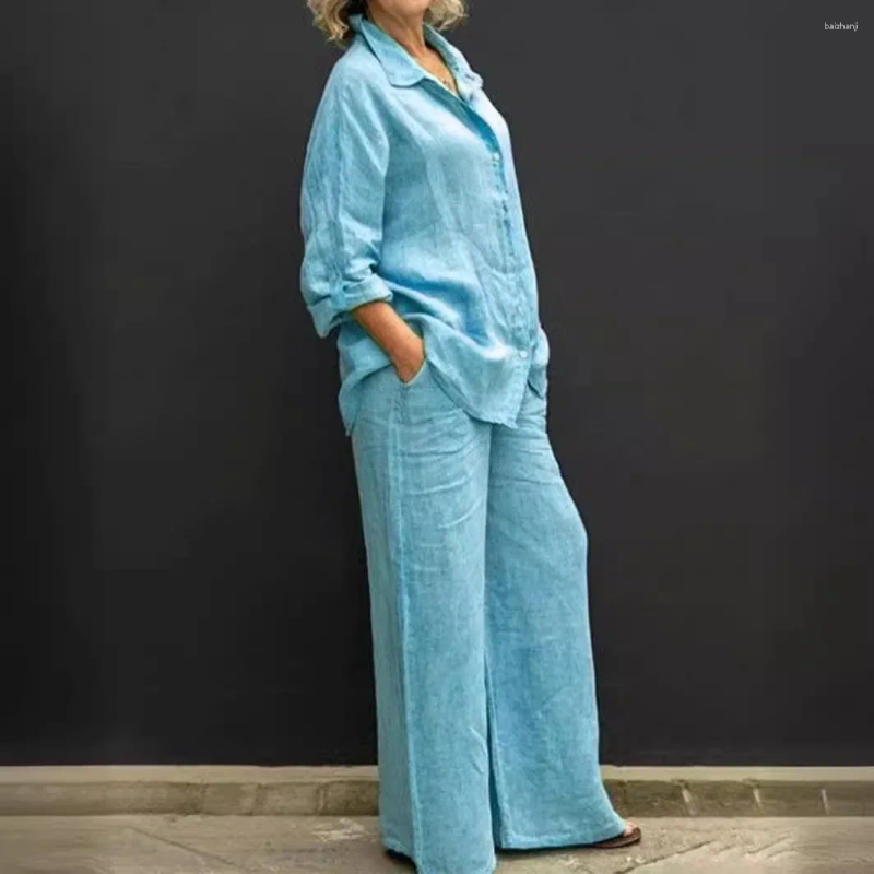 Womens Two Piece Pants 2pcs Women Clothes Set Solid Color Cotton Linen Loose Long Sleeve Shirt W