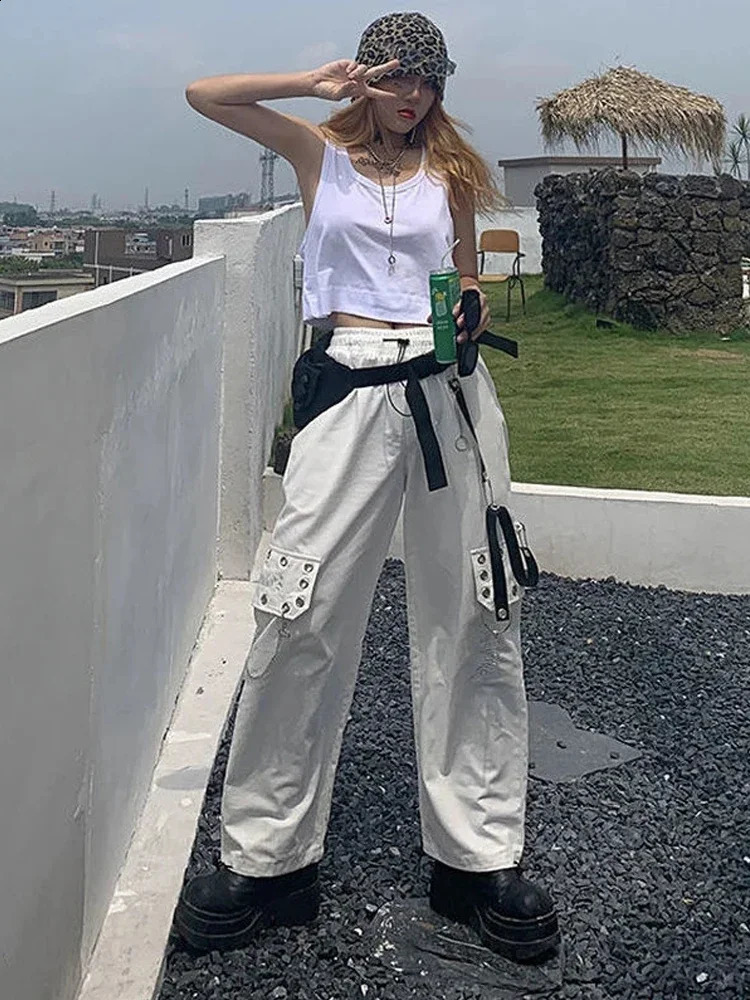 QWEEK Harajuku Gothic Black Cargo Pants Womens Y2K Hippie Chain Plus Size White Mens Extra Large Street Clothing Hip Hop Sports Pants 241203