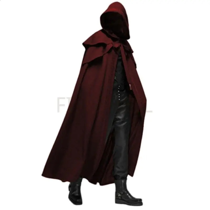 Medieval retro hooded loose black cape jacket windproof trench chic winter long horned raincoat Gothic male monk Halloween role-playing 241203