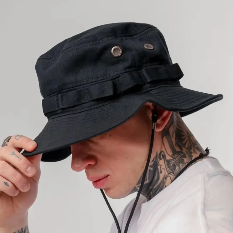 Pocket Trend Retro Street Function Bucket Hat Men and Women Drawstring Adjustable Big Eaves Sunshade Fishing Cap 241203