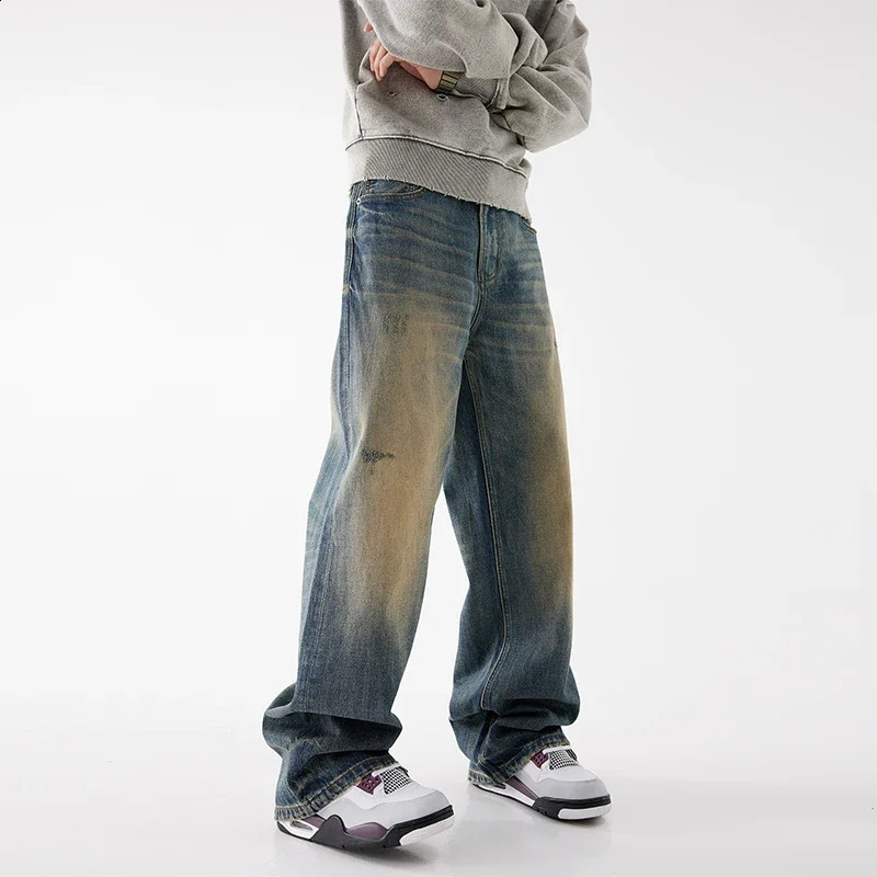 Young Mens Loose Jeans Street Hip Hop Baggy Wide Leg 100% Cotton Pants Y2k Pop Pants Harajuku Style Tear Jeans 241203
