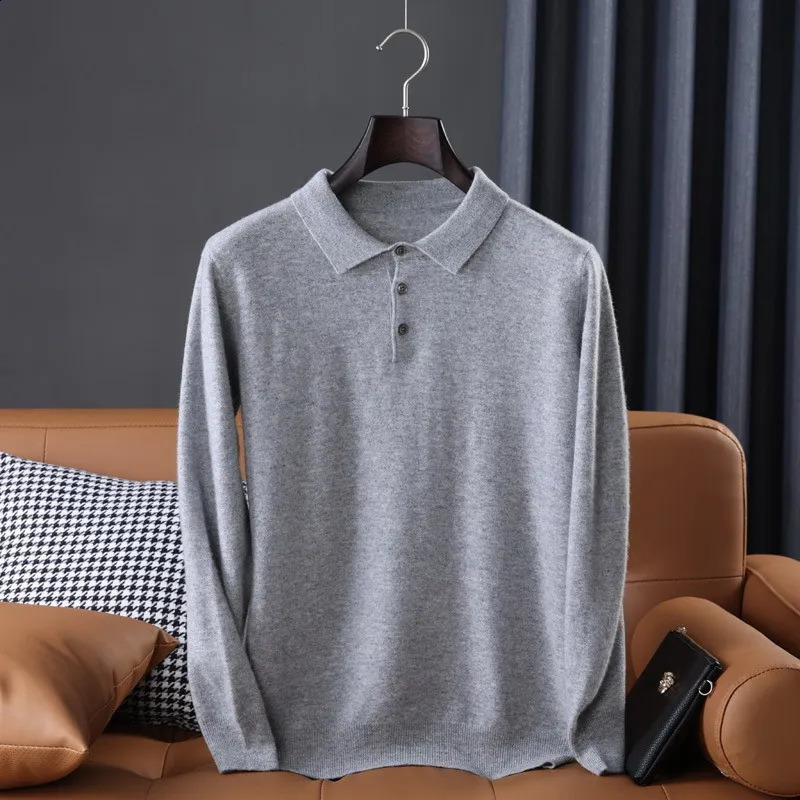 High quality ultra-fine cashmere knitted lapel mens T-shirt long sleeved polo shirt solid color casual trend gray white black 241203
