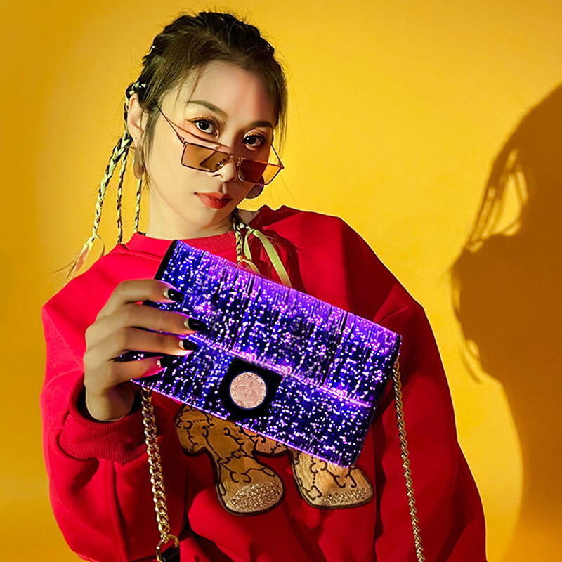Colorful Luminous Square Bags For Women LED Light New Fashion Shoulder Optical Fiber Fabric Crossbody Bag PU BagVoyage