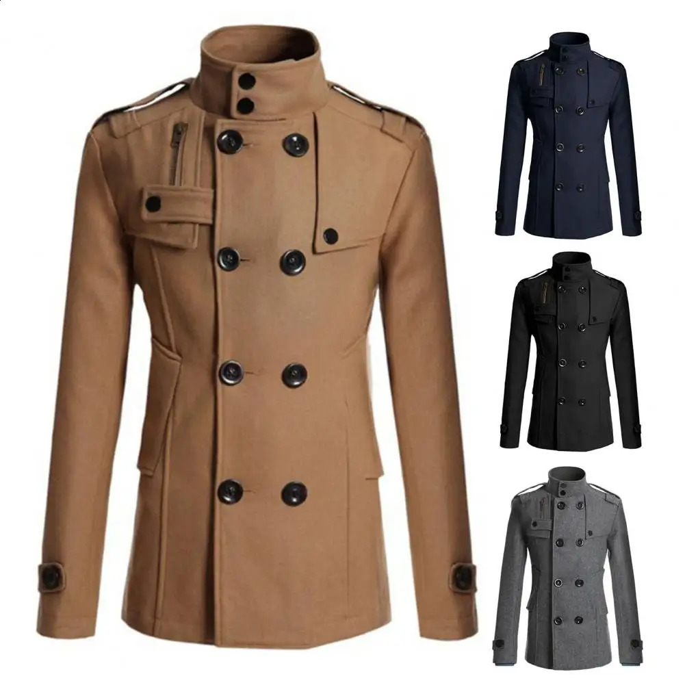 Mens windproof coat solid color double-layer wool coat formal business winter coat casual work clothes 241203