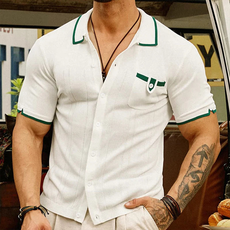 Mens lightweight casual business knitted polo shirt retro solid color short sleeved button fashion knitted M-3XL 241203