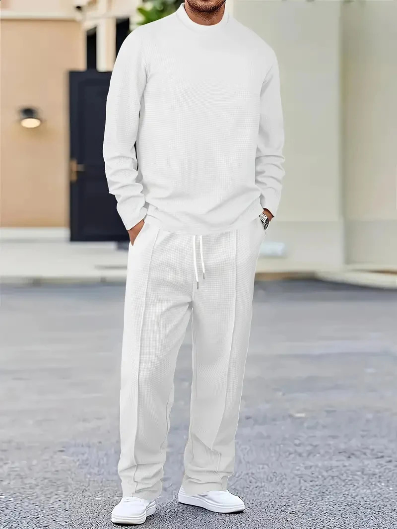 Waffle biscuit solid color long sleeved pants set mens spring and autumn casual fashion set 241203