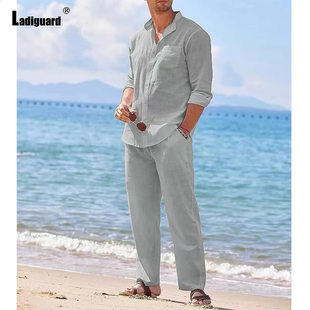 Ladiguard Plus size mens casual linen two-piece set European style basic top and white pants set mens beach track suit set 241203