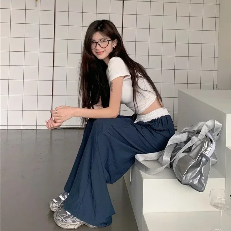 patch work elastic waist wide leg casual pants womens four season texture dress straight mop pants loose Trouser pants 241203