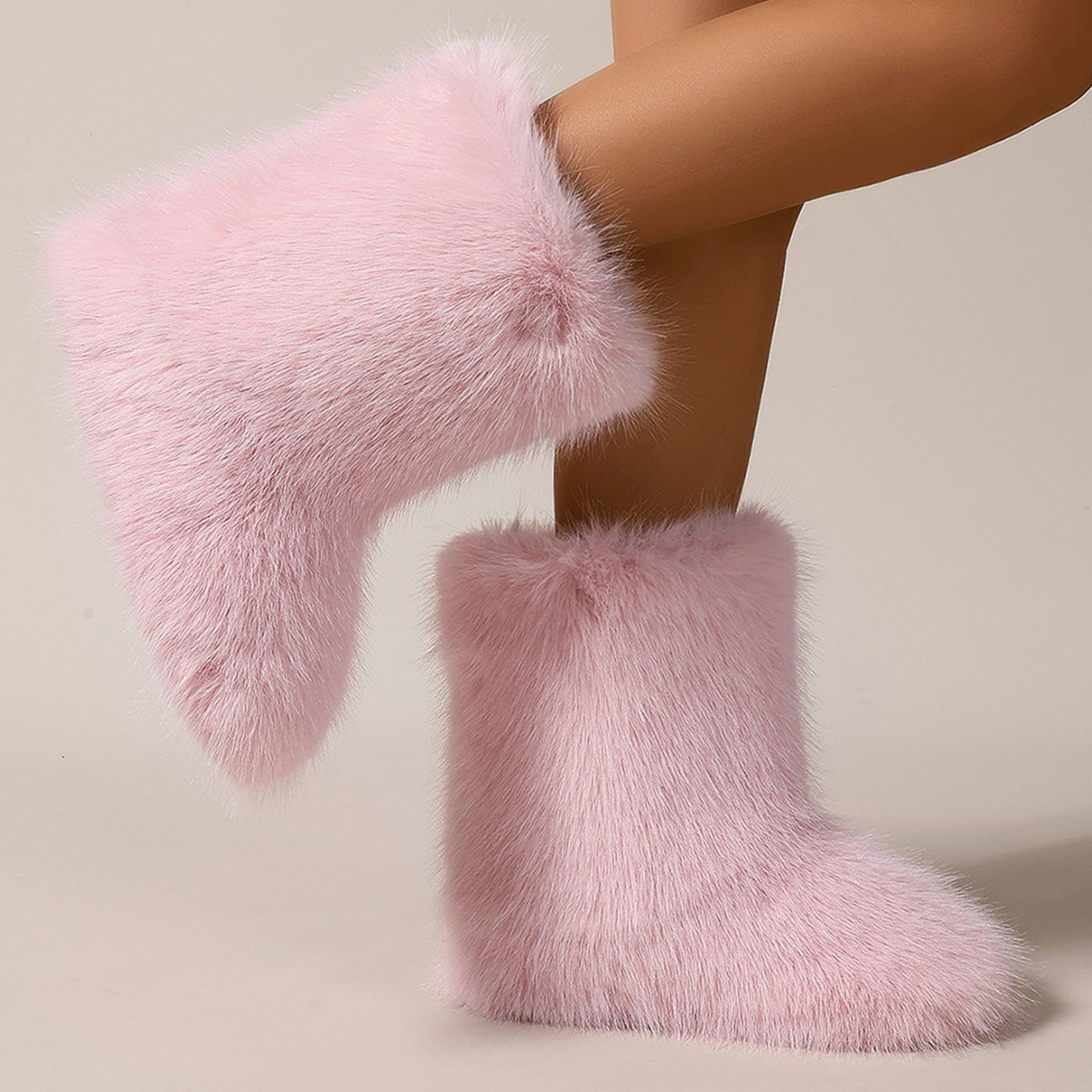2024 new European and American cross-border spice girl hairy women's winter warm fashion mid-calf large size platform snow boots