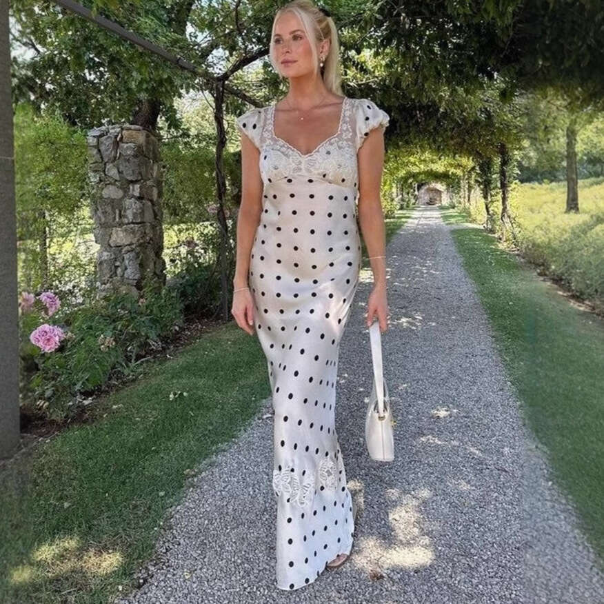 2025 spring women's French satin polka dot dress sexy backless lace long skirt