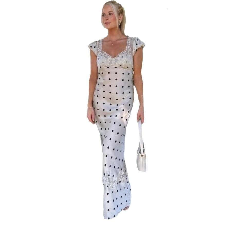 2025 spring women's French satin polka dot dress sexy backless lace long skirt