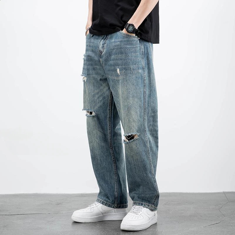 Mens jeans with broken straight Trojan horse holes loose and torn wide legs mens jeans pockets South Korean autumn Xs 241203